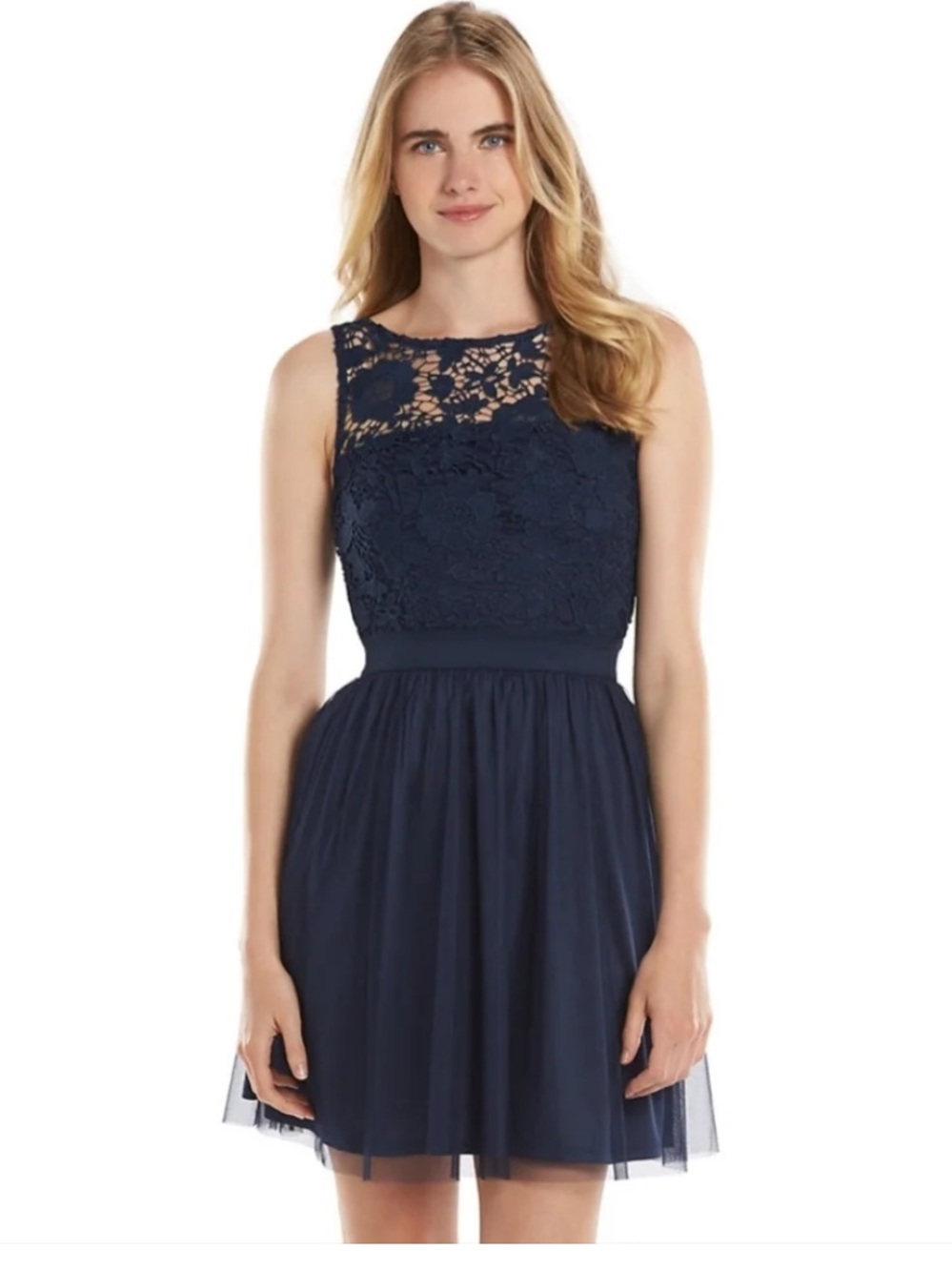 LC Lauren Conrad Navy Lace and Tulle Fit-and-Flare Dress